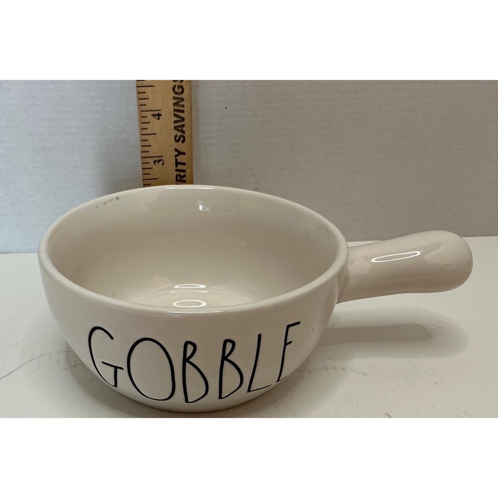 Rae Dunn GOBBLE Soup Crock White Ceramic Side Handle Thanksgiving Farmhouse Bowl